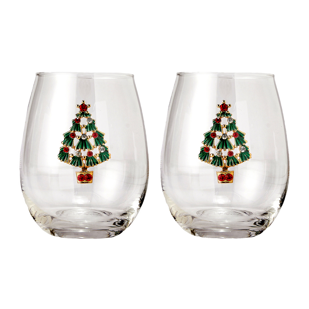 Christmas Tree Stemless Wine Glasses, Set of 2