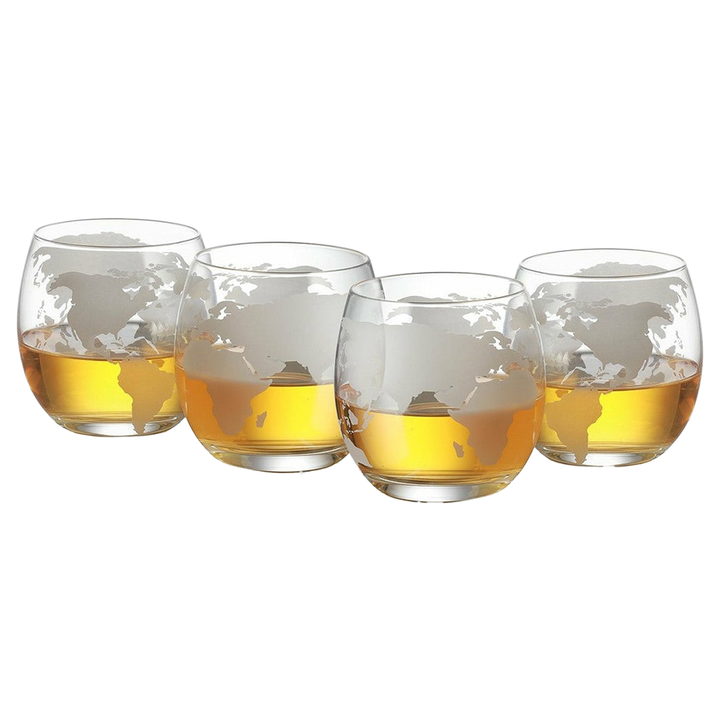Etched World Globe Whiskey Glasses