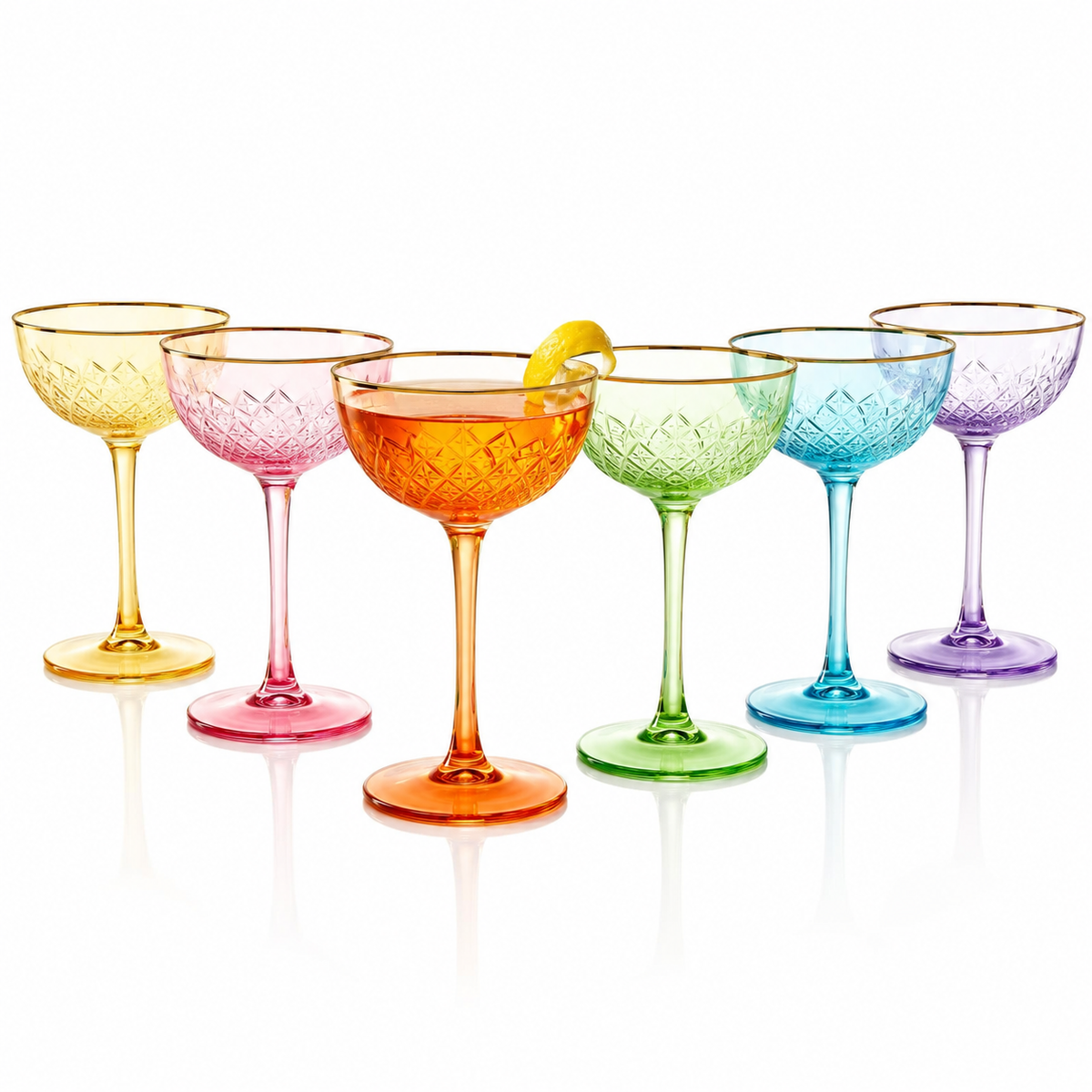 Colored Art Deco Coupe Glasses, 12 oz, Set of 6