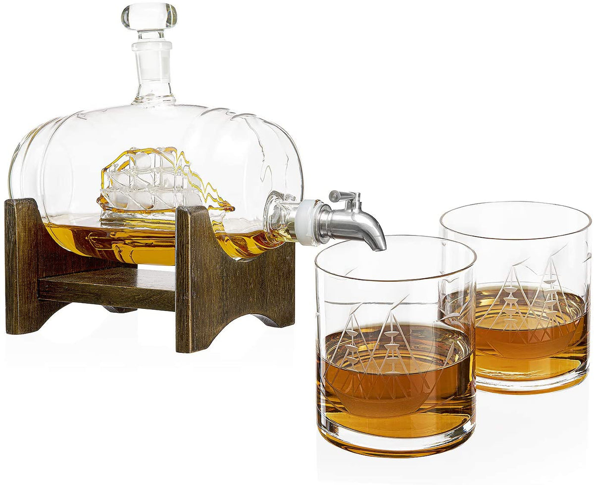 Whiskey Barrel Decanter with Ship