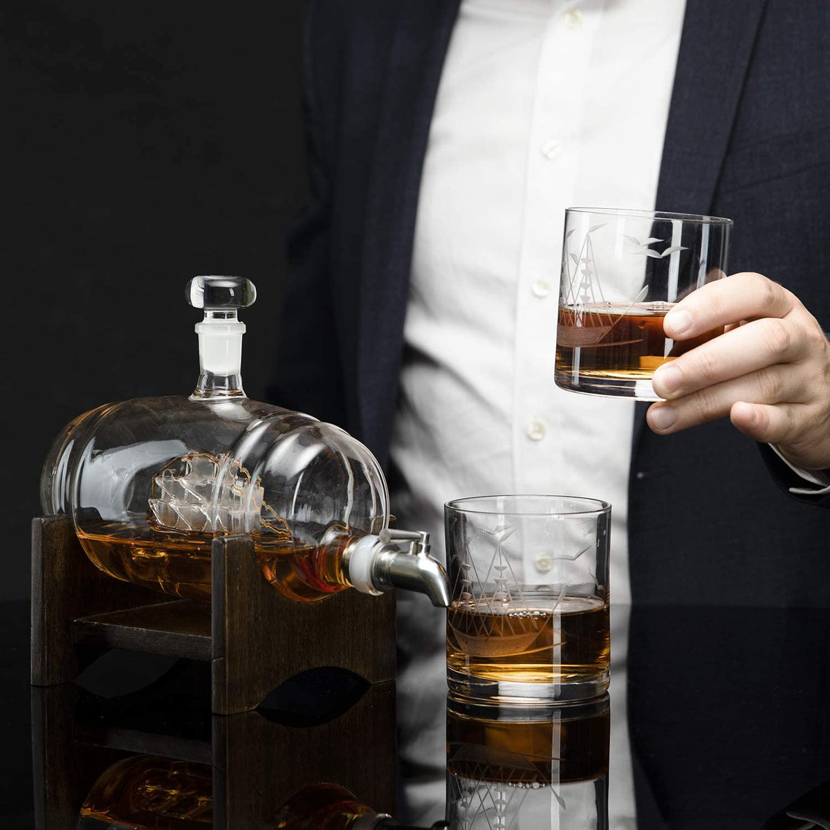 Whiskey Barrel Decanter with Ship