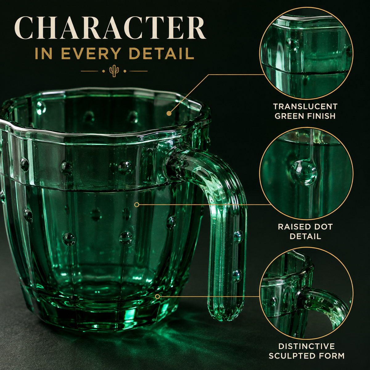Cactus Stackable Glasses with Handles, 10 oz, Set of 6