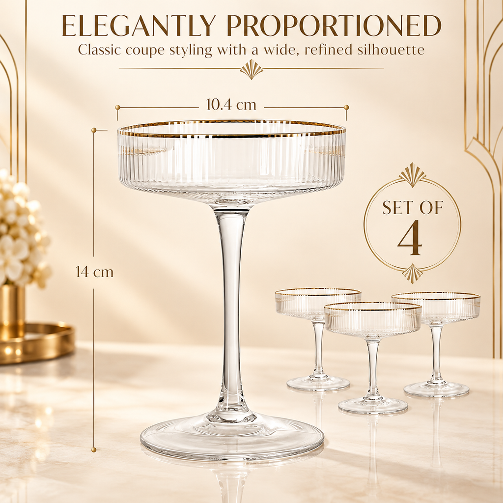 Ribbed Gold-Rim Coupe Glasses, Set of 4