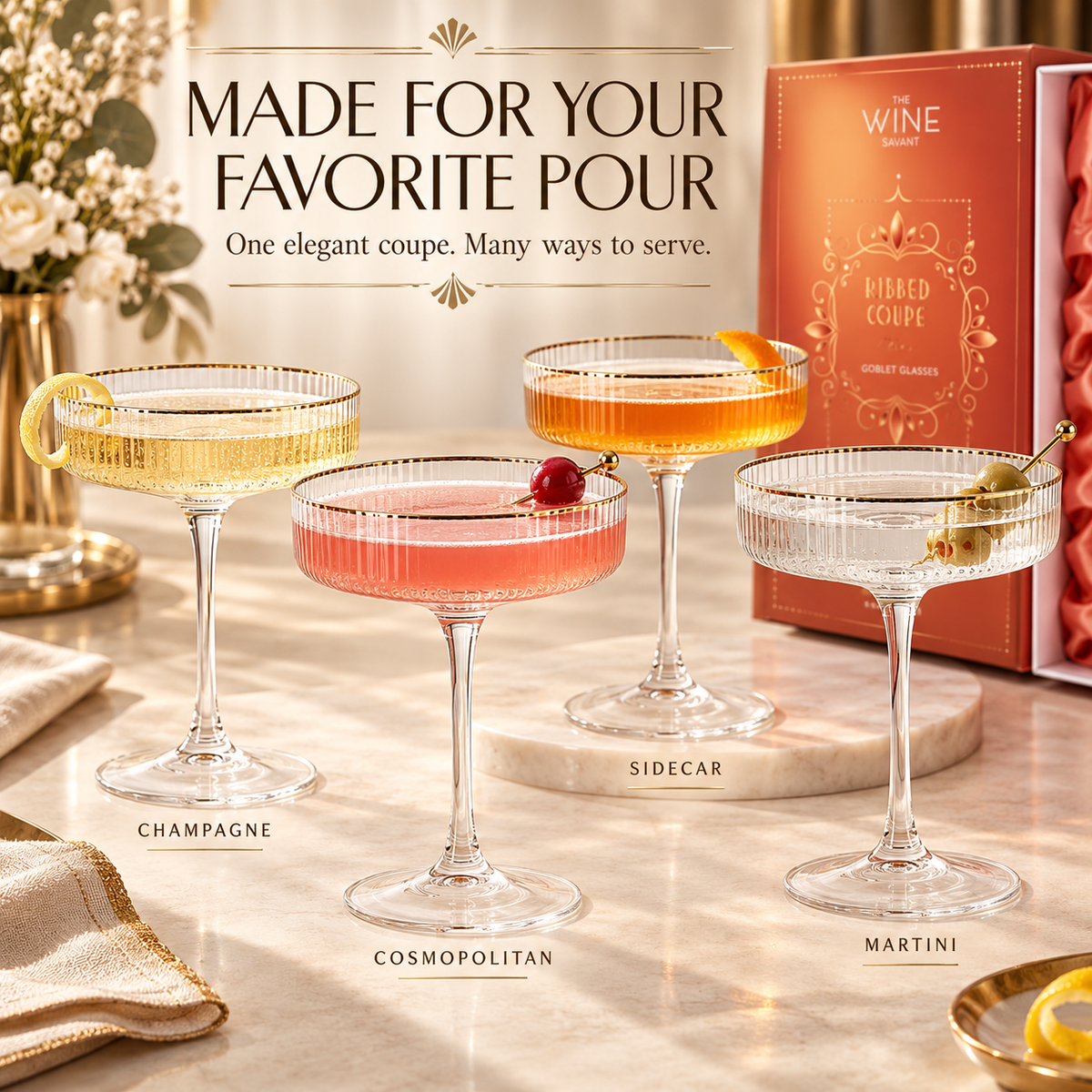 Ribbed Gold-Rim Coupe Glasses, Set of 4