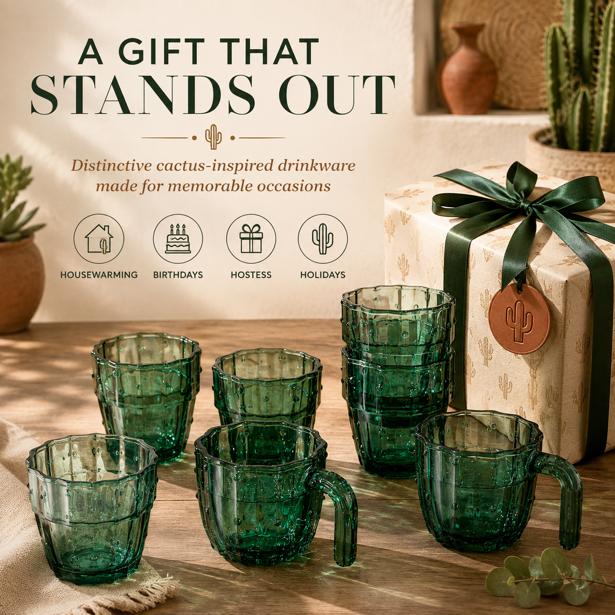 Cactus Stackable Glasses with Handles, 10 oz, Set of 6